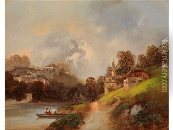 Alpenlandschaft Mit Fluss, Burg Und Villengebaude Oil Painting - Emil Barbarini