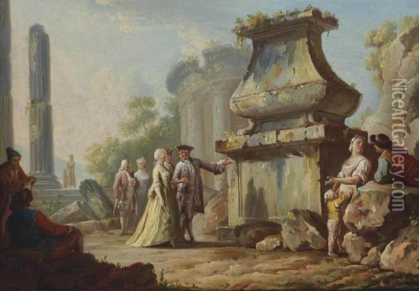 A Capriccio Of Classical Ruins With Elegant Company Oil Painting - Pietro Fabris