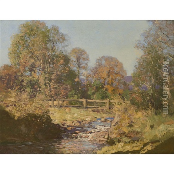 Bridge Over A Stream, Autumn Oil Painting - George Houston