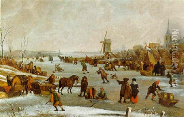 Winterlandschaft Mit Eislaufern Vor Einer Stadt Oil Painting - Hendrick De Meijer