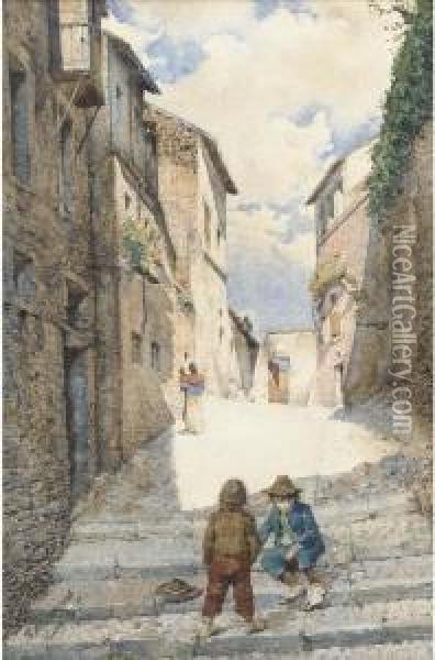 The Sunlit Street Oil Painting - Mariano De Franceschi