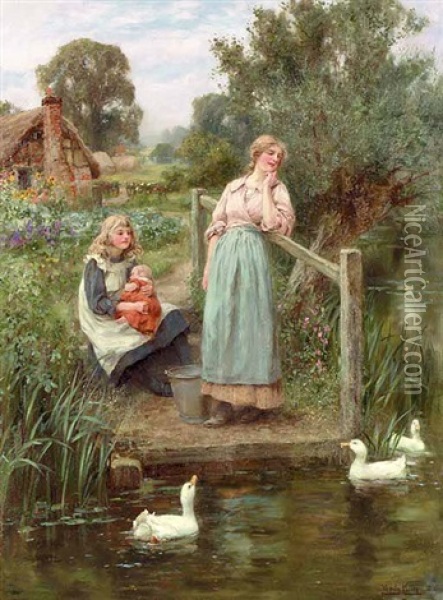 At The Duck Pond Oil Painting - Henry John Yeend King