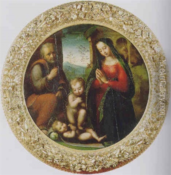 La Sacra Famiglia E San Giovannino In Adorazione Del Bambino Gesu Oil Painting - Domenico Puligo