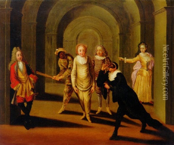 Actors From The Comedia Dell'arte In An Arcade Oil Painting - Claude Gillot
