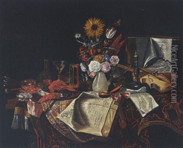 A Still Life With Lobsters On A Plate, A Painter's Palet, Glasses, An Hourglass, A Vase With Flowers, A Violin And Other Objects Together With A Parrot, All On A Table Oil Painting - Cornelis Norbertus Gysbrechts