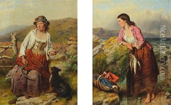 Farm Girl And Fisher Girl (pair) Oil Painting - Isaac Henzell