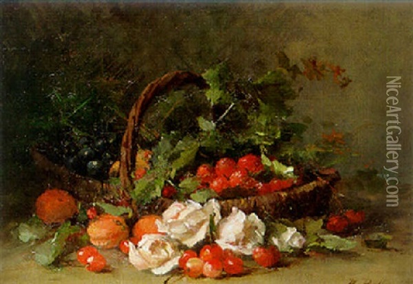 Grapes, Strawberries, Apricots And Cherries In A Wicker Basket Oil Painting - Hubert Bellis