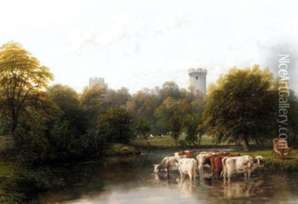 Mill Pond With Cows, Warwick Castle Beyond Oil Painting - Thomas Baker