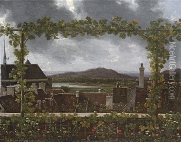 A Grapevine On A Flowering Trellis Framing A French Town In A River Landscape Oil Painting - Jean Joseph Xavier Bidault