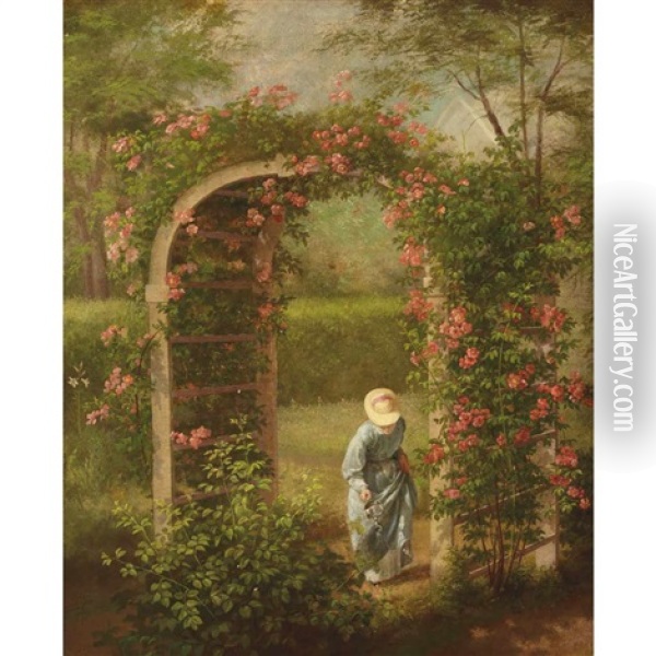 Watering Roses (the Garden Of The Hardy Family, Bangor Maine) Oil Painting - Jeremiah P. Hardy
