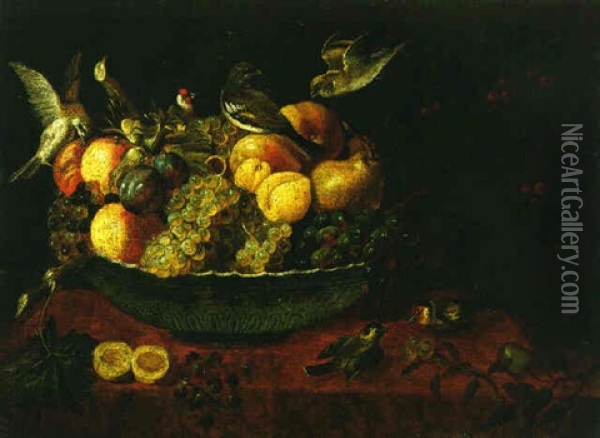 Still Life Of A Bowl Of Fruit And Birds On A Red Draped Table Oil Painting - Juan Van Der Hamen Y Leon