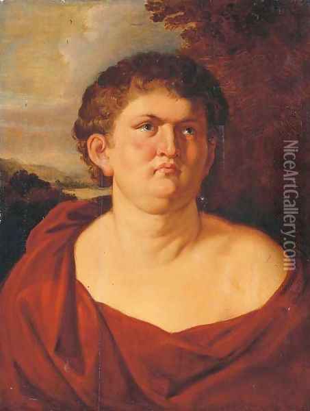 Portrait of Emperor Nero, half-length, in a red toga, a landscape beyond Oil Painting - Sir Peter Paul Rubens