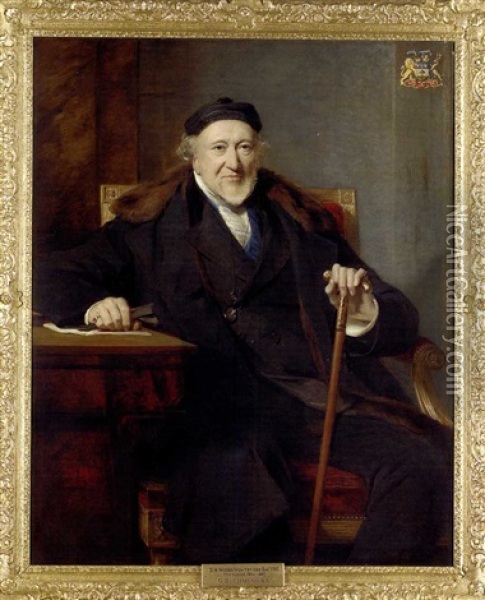 Portrait Of Sir Moses Montefiore Seated At A Desk, In A Black Suit And Cap Oil Painting - George Richmond