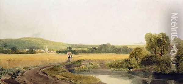 A Cornfield by a Backwater near a Village in the Thames Valley Oil Painting - Peter de Wint