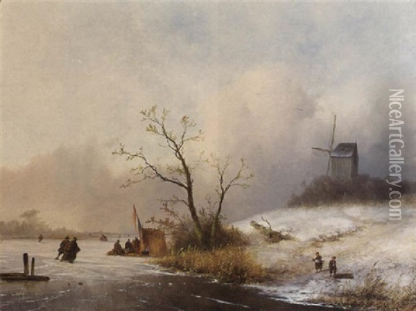 A Winter Landscape With Skaters Near A Koek En Zopie Oil Painting - Johannes Franciscus Hoppenbrouwers