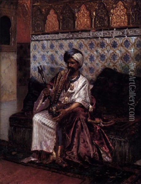 Un Arabe Fumant Une Pipe A Eau Dans Un Interieur Orientaliste Oil Painting - Rudolf Ernst