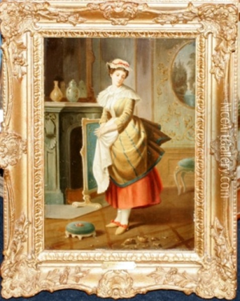 Woman Gazing Upon Broken Vase Oil Painting - Rudolf Possin
