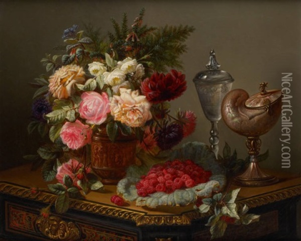 Composition Aux Framboises, Au Nautile Et Aux Roses Oil Painting - Jean-Baptiste Robie