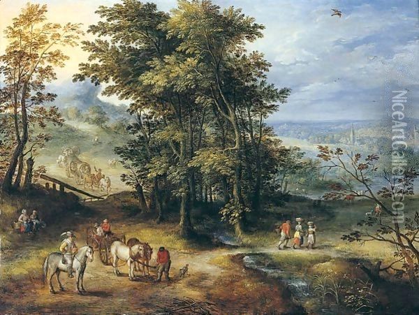 An Extensive Wooded Landscape With Travellers On A Path Oil Painting - Joseph van Bredael