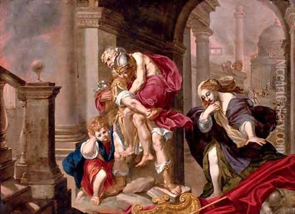 Aeneas carrying his father Anchises from the burning Troy with Ascanius and Creusa Oil Painting - Willem Van Mieris Leiden