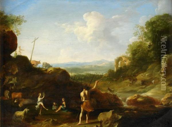 Bergigt Landskap Med Figurer Oil Painting - Cornelis Van Poelenburch