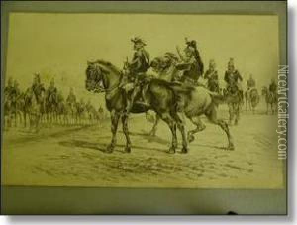 Study Of Mounted Dragoons Under Review By Mounted Commanding Officer. Oil Painting - Karl Frederik Hansen-Reistrup