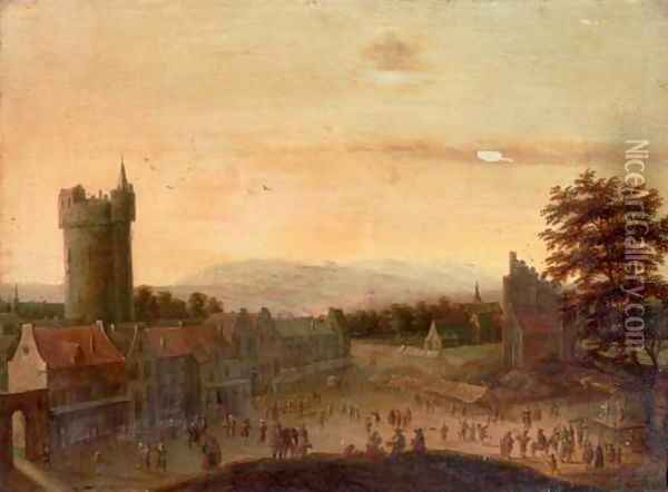 A crowded town square with a castle tower beyond Oil Painting - Flemish School