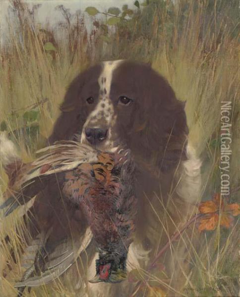 A Spaniel With A Pheasant Oil Painting - Arthur Wardle