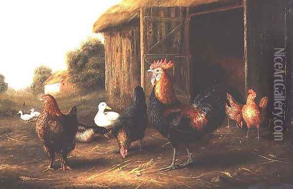 Chickens and Ducks in a Farmyard Oil Painting - A. Jackson