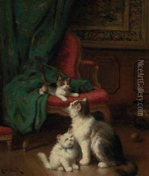 Katzenmutter Mit Zwei Jungen Im Salon Oil Painting - Leon Charles Huber