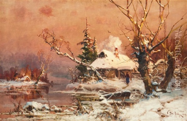 Winter Landscape With A Cottage By The Lake Oil Painting - Yuliy Yulevich (Julius) Klever