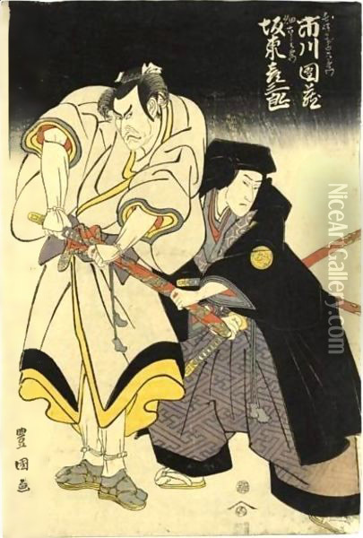 Ichikawa Danzo As Nagasaki Kageyuzaemon And Bando Hikosaburo III As Hata Rokurozaemon Oil Painting - Utagawa Toyokuni