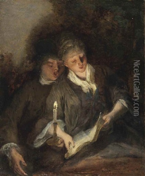 An Elegant Couple Singing By Candlelight ('the Duet') Oil Painting - Nicolas Lancret