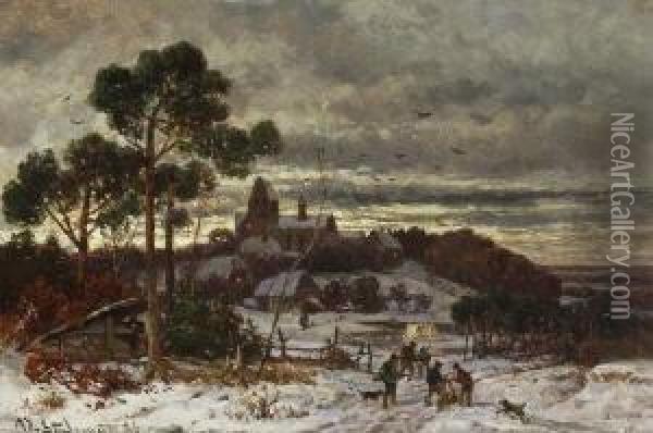 Winterabend Vor Dem Dorf. Oil Painting - Adolf Stademann