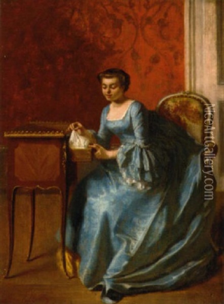 An Elegant Lady In Her Boudoir Oil Painting - Adolphe Francois Montfallet