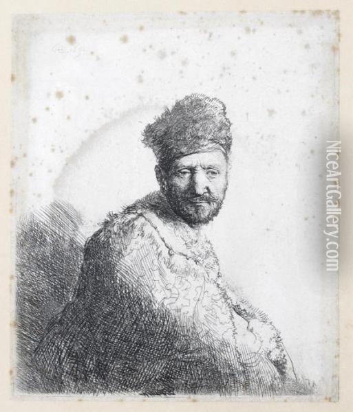 Bearded Man In A Furred Oriental Cap And Robe: The Artist's Father Oil Painting - Rembrandt Van Rijn