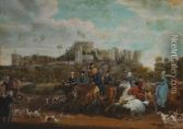 King George Iii Returning From 
The Hunt With Windsor Castle Beyond; King George Iii Hunting In Windsor 
Forest (a Pair) Oil Painting - James Pollard
