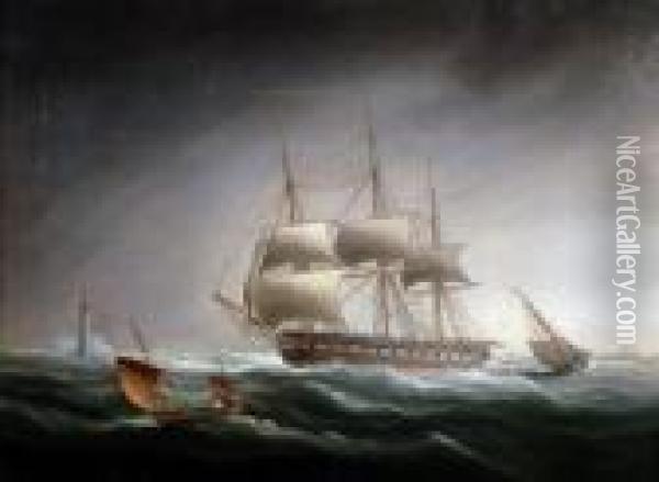 Naval Frigate In A Stormy Sea, With Lighthouse And Steamer In The Distance Oil Painting - James E. Buttersworth