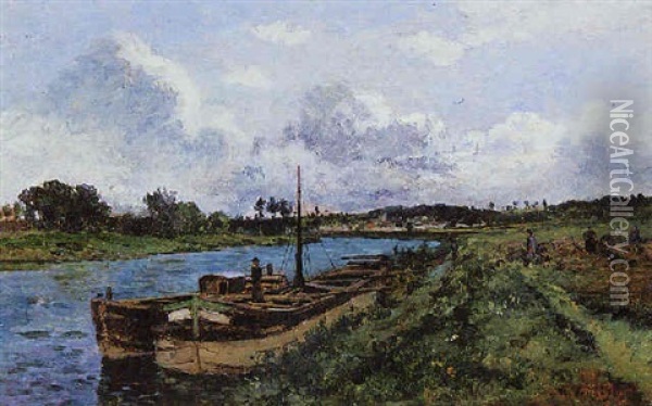 View Of The River Oise, Auvers-sur-oise Oil Painting - Karl Pierre Daubigny