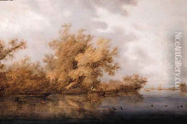 A calm A wooded river landscape with fishermen and sportsmen in rowing boats, sailing ships beyond Oil Painting - Salomon van Ruysdael