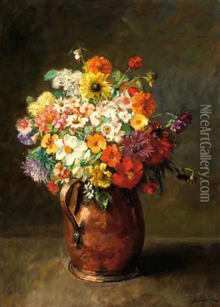 A Bunch Of Flowers In A Brass Jug Oil Painting - Baruch Lopez De Leao Laguna