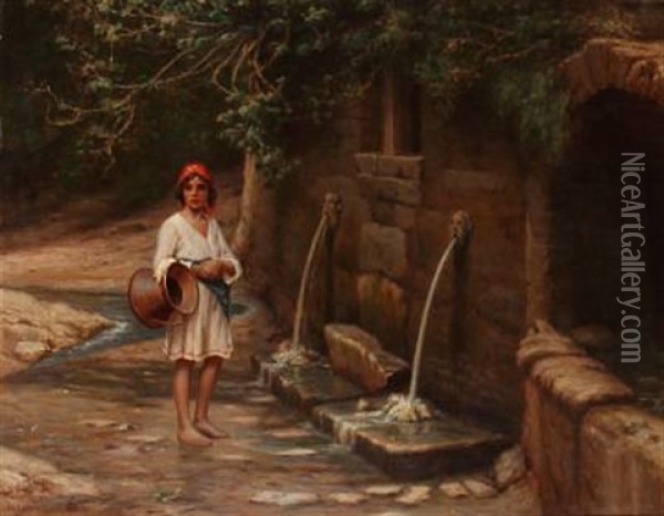 An Italian Woman Collecting Water From A Fountain Oil Painting - Niels Frederik Schiottz-Jensen