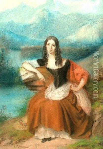 Portrait Of A Lady Seatedfull-length In An Alpine Mountain Landscape Oil Painting - Charles Fournier