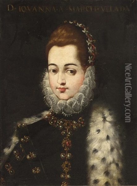 A Portrait Of A Noble Lady Wearing A Dress Decorated With Gold And Gemstones, A White Lace Collar And An Ermin-lined Coat Oil Painting - Alonso Sanchez Coello