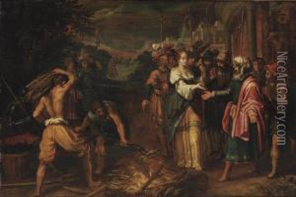 Judah And Tamar Oil Painting - Adriaen van Nieulandt