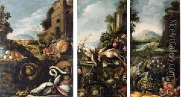 Leeks And Cabbages On A Ledge With Mushrooms, Figs, Onions Andcabbages By Ruins In A River Landscape Oil Painting - Paolo Paoletti