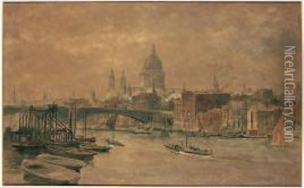 View Of St Paul's Cathedral From The Thames Oil Painting - Edward Alfred Angelo Goodall