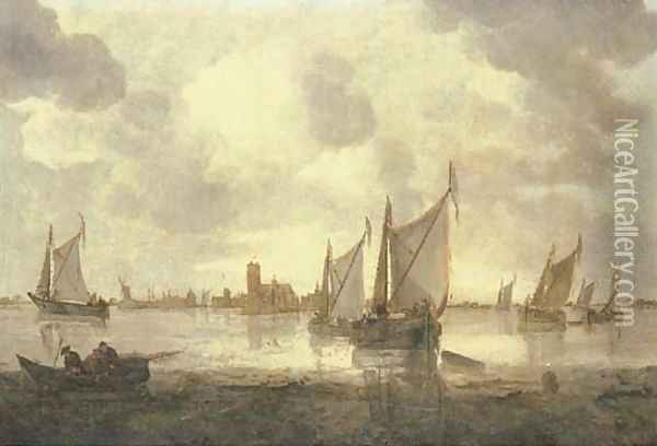 Dutch kaags and other shipping in calm seas, a view of Dordrecht beyond Oil Painting - Abraham Hendrickz Van Beyeren