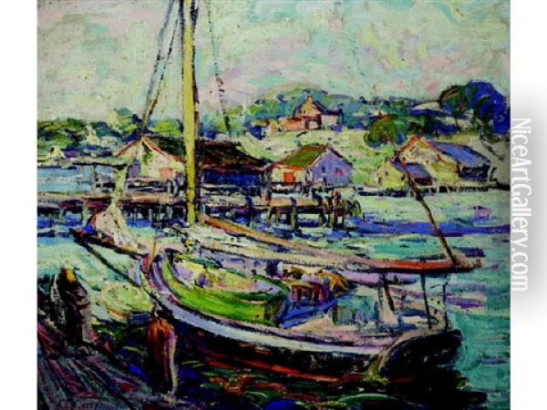 Sailboat In Gloucester Harbour Oil Painting - Kathryn E. Bard Cherry