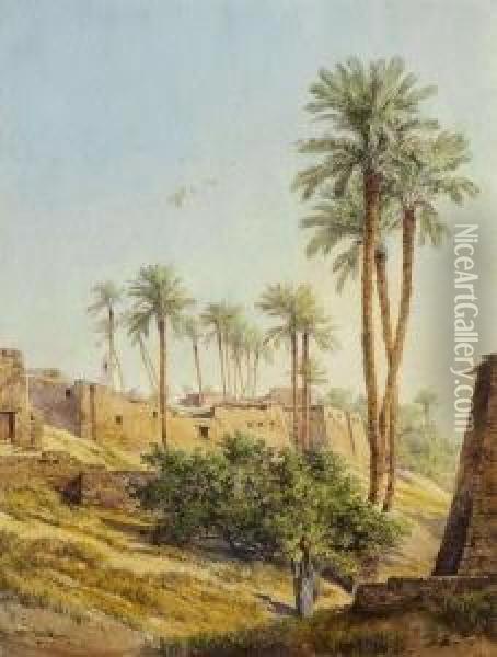 Wassertragerin Vor Einem
 Agyptischen Dorf. Oil Painting - Friedrich Otto Georgi